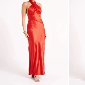 Meshki Red Satin Halter Maxi Dress